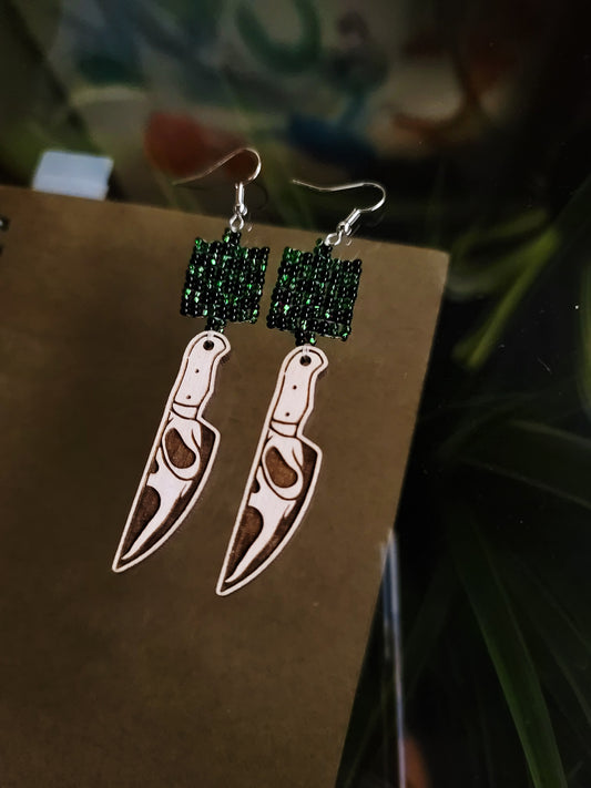 READY TO SHIP Ghostface Knife Earrings Checkered Green